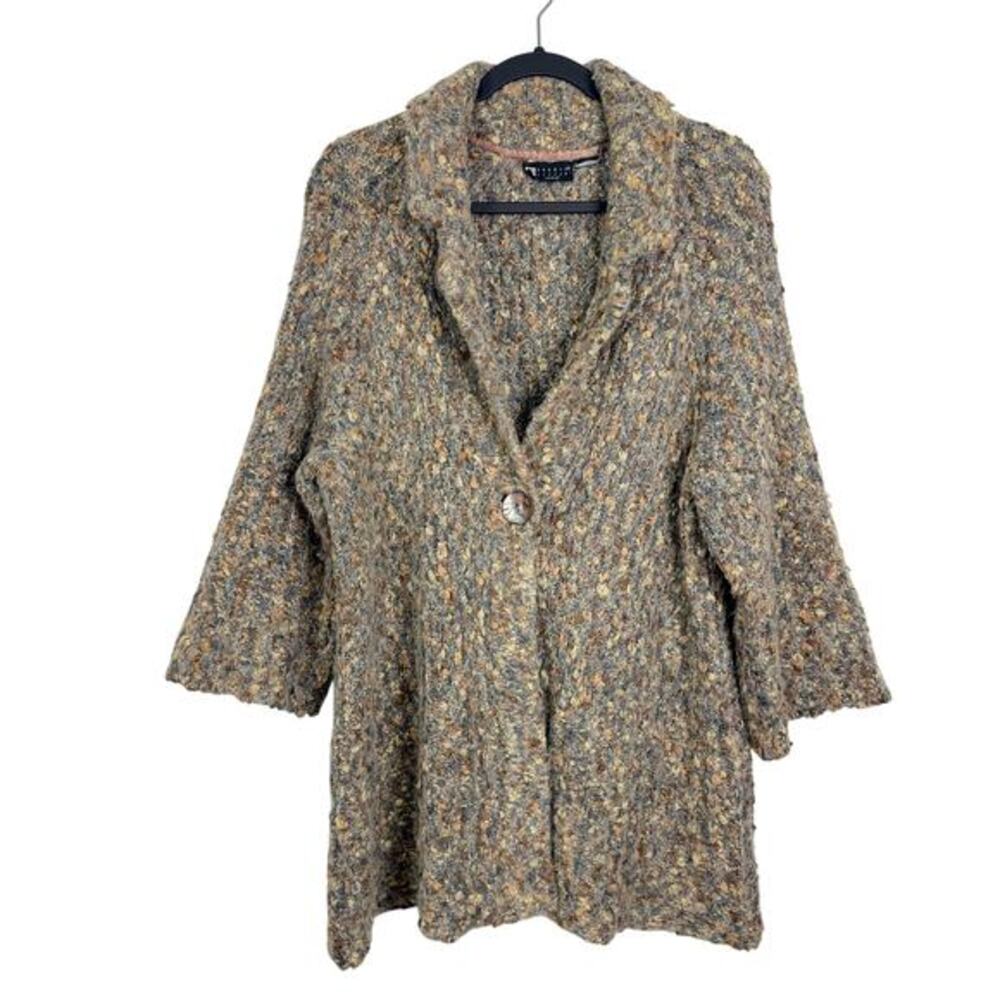 Carole Little Plus Mohair Alpaca Women's Cardigan Sweater Gray Beige 3/4 Sleeve‎